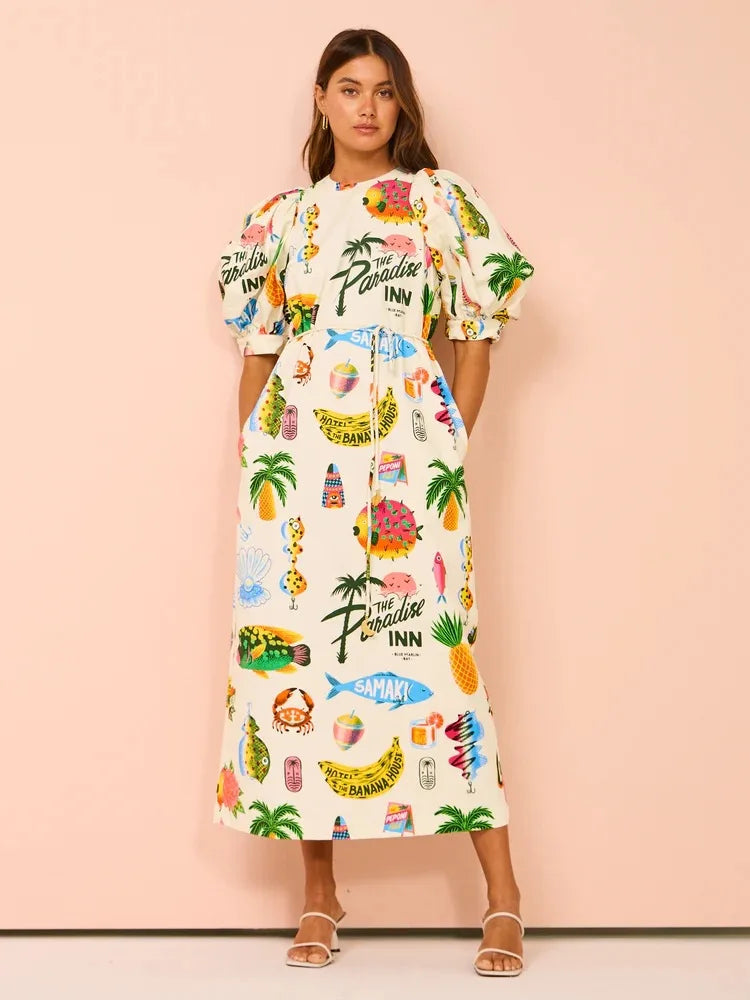 Women Hawaii Holiday Print Long Dress Short Sleeve Sashes Empire Waist Loose Vintage Retro Ladies Summer Beach Drsses NEW
