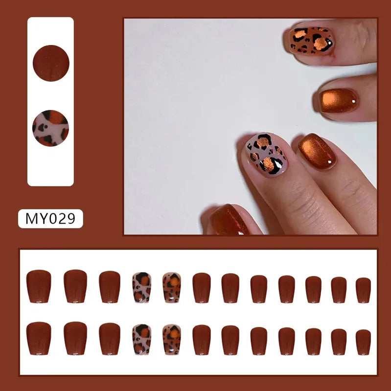 24-Piece Orange Cat Eye Press-On Nails with Short Square Full Cover and Leopard Design - Trendy Fake Nails for Women & Girls