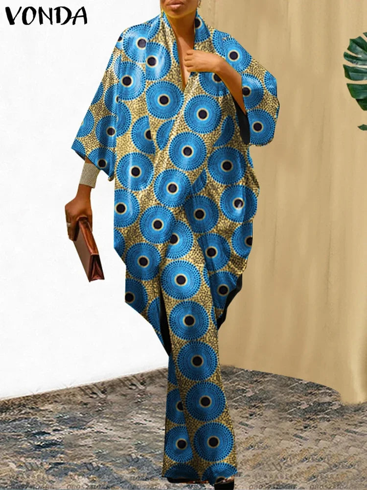 Plus Size 5XL VONDA Women Pants Sets Vintage 3/4 Sleeve Elastic Waist Tops+Trousers Casual Pleated Wide Leg Pants Elegant Suits