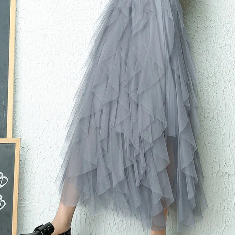 Fashion Tutu Tulle Skirt Women Long Maxi Skirt Spring Summer Korean Black Pink High Waist Pleated Skirt Female
