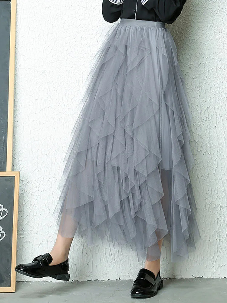 Fashion Tutu Tulle Skirt Women Long Maxi Skirt Spring Summer Korean Black Pink High Waist Pleated Skirt Female