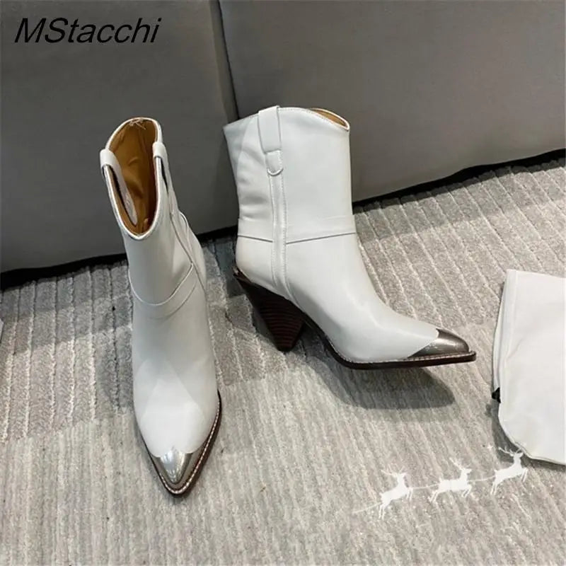 Metal Toe Women's Knight Boots Elegant Genuine Suede Leather Short Boots Ladies Strange Heel Shoes Women Slip-on Mid-calf Boots