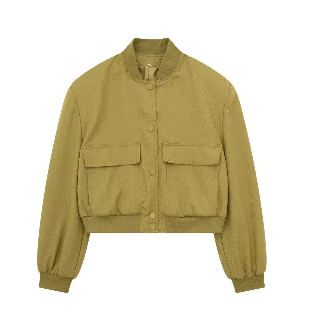 Vintage Solid Long Sleeve Bomber Jacket Spring Women Casual Coats Streetwear Female Elegant Lapel Zipper Jakcet olive green