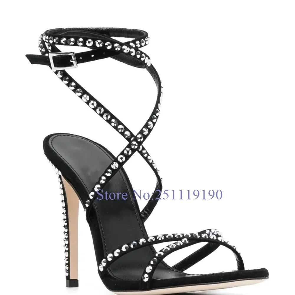 Brown Crystal Heeled Sandals Cross Strap Black High Heels Women Elegant Luxury Designer Shoes Summer 2025 Buckle Strap Sandalias