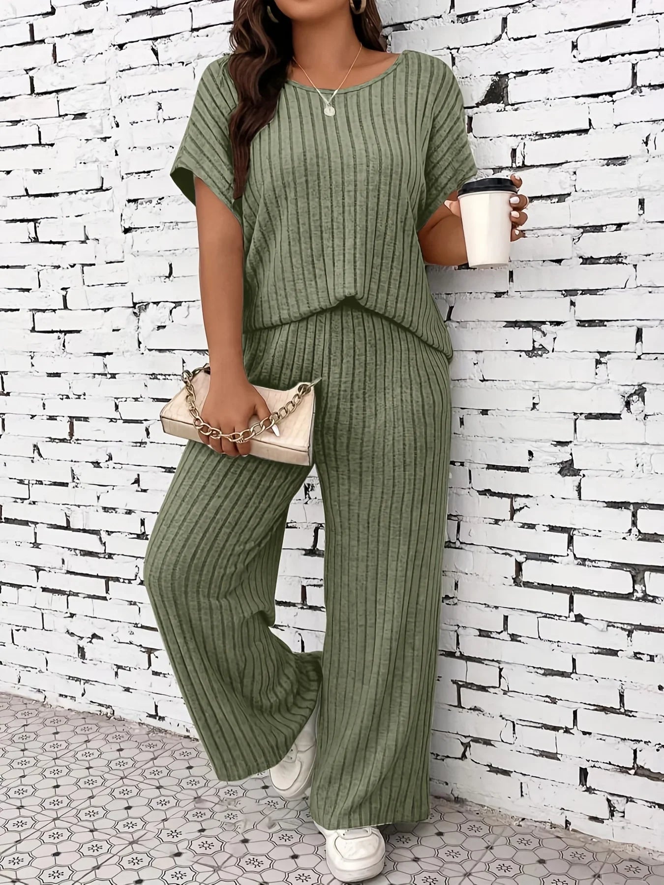 Plus Size Women’s Summer Autumn Casual Set Women Fashion Solid Color Short Sleeve Top Matching Trousers Comfortable Outfit