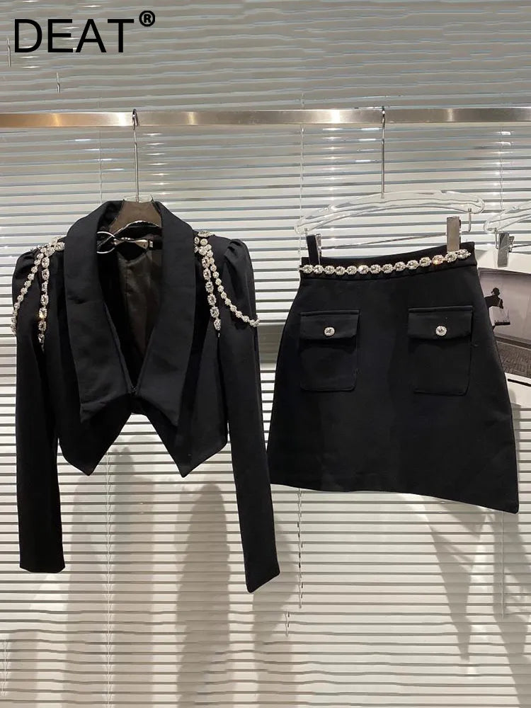 Fashion Trend Versatile Notched Long Sleeve Suit Women's Slim High Waist Skirt Two Pic Set Female