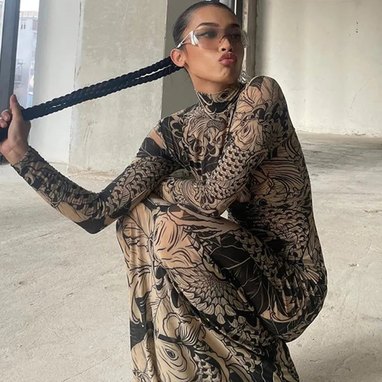 Women Autumn Winter Long Sleeve Mesh See Through Streetwear Bodycon Long Dress