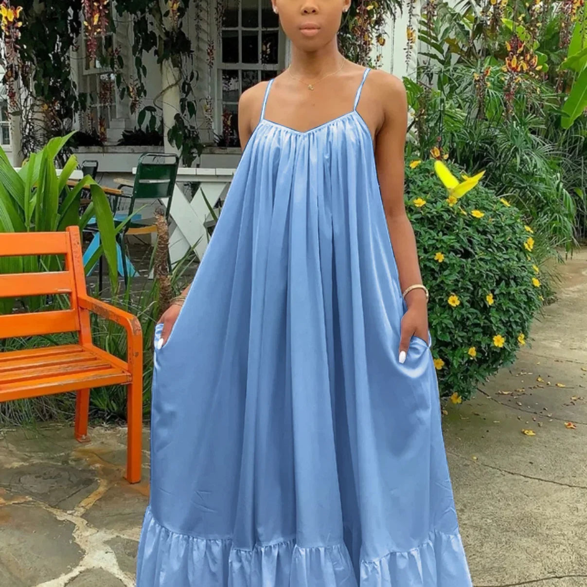 CMYAYA Women Summer Long Maxi Dress Sexy Sleeveless Strap Loose Beach Party Night Club Bandage Female S-5XL Dresses Vestido Light Blue