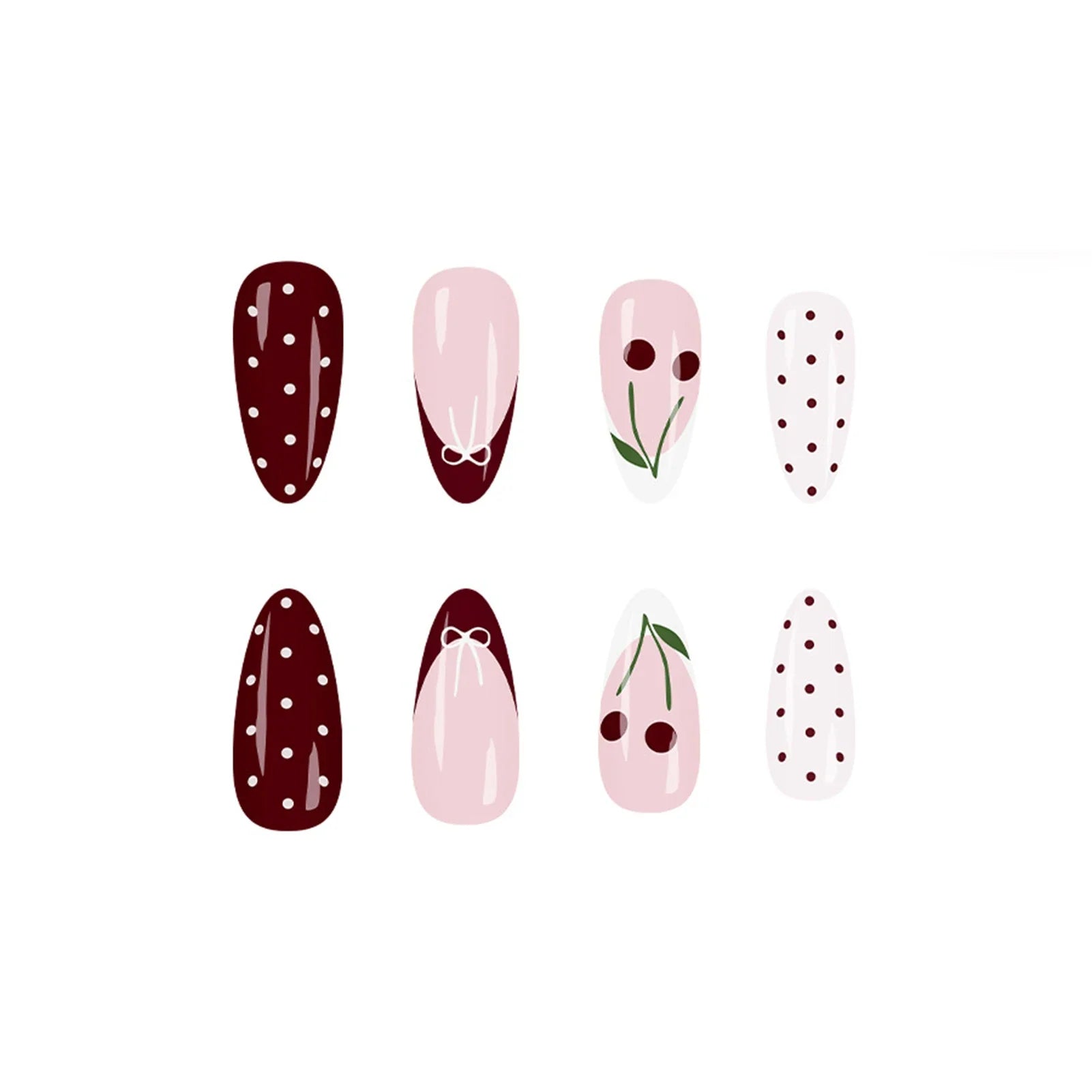 24Pcs Wine Red Almond Fake Nails with Polka Dot/Bowknot/Cherry Designs French Press On Nails Women Girls New Year Charm Manicure