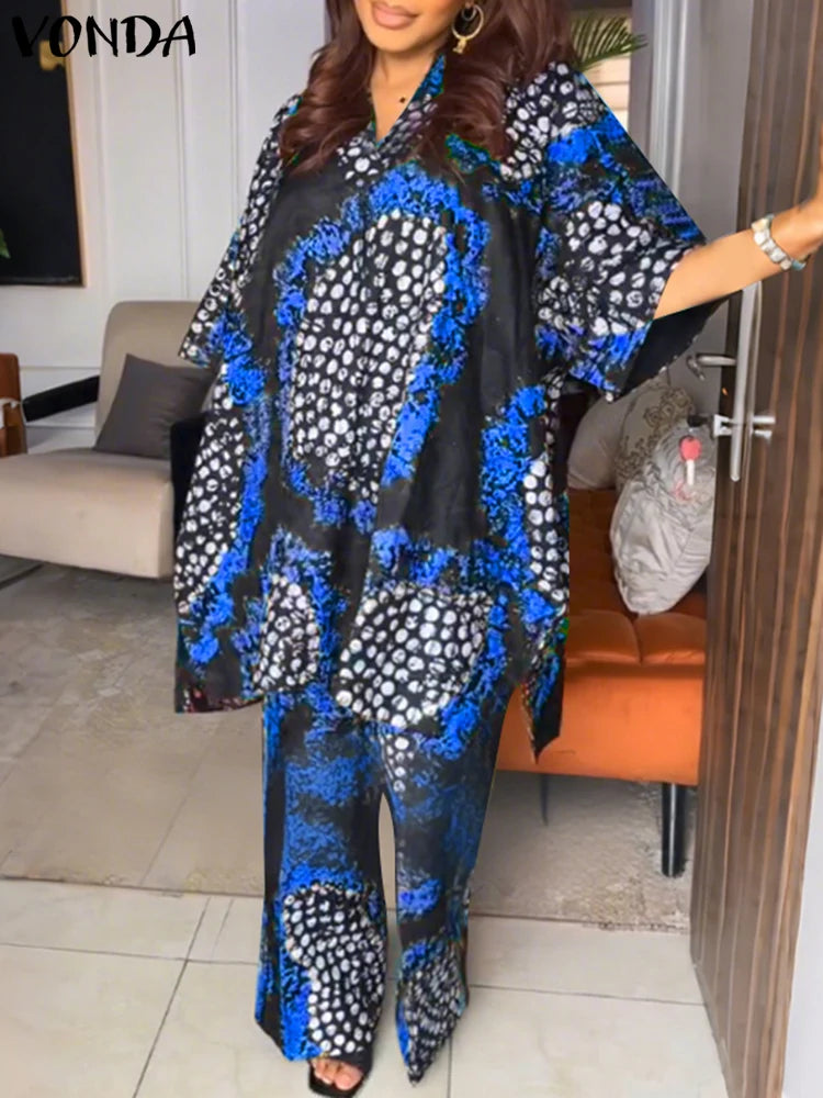 Plus Size 5XL VONDA Women Vintage Pant Sets Print Long Top and Wide Leg Pants Casual Loose 2pcs Two-piece Summer Bohemian Outfit