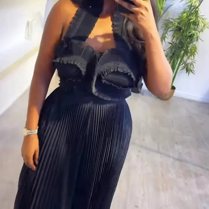 CM.YAYA Streetwear Women's Set Sleeveless Halter Crop Pleated Top+Wide Leg Pants Elegant 2024 Fall Party Two 2-Piece Set Outfits black One Size