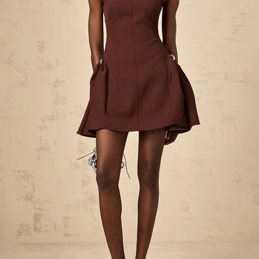 TWOTWINSTYLE Solid Slimming Elegant Mini Dresses for Women Round Neck Sleeveless Patchwork Folds Tunic Dress Female Clothing New