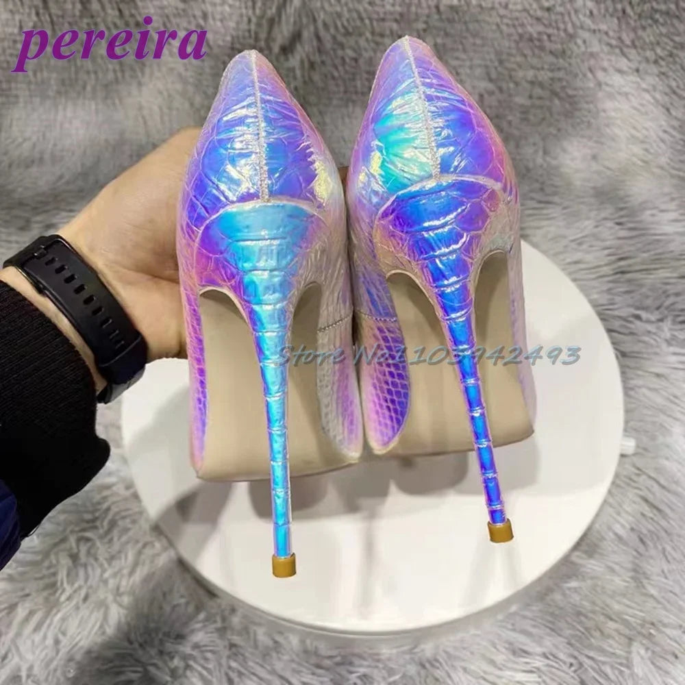 White Snake Pattern Pumps Shallow Pointed Toe High Heels Pull On Luxury Shoes Solid Scales Metallic Sandalias De Mujer 12CM