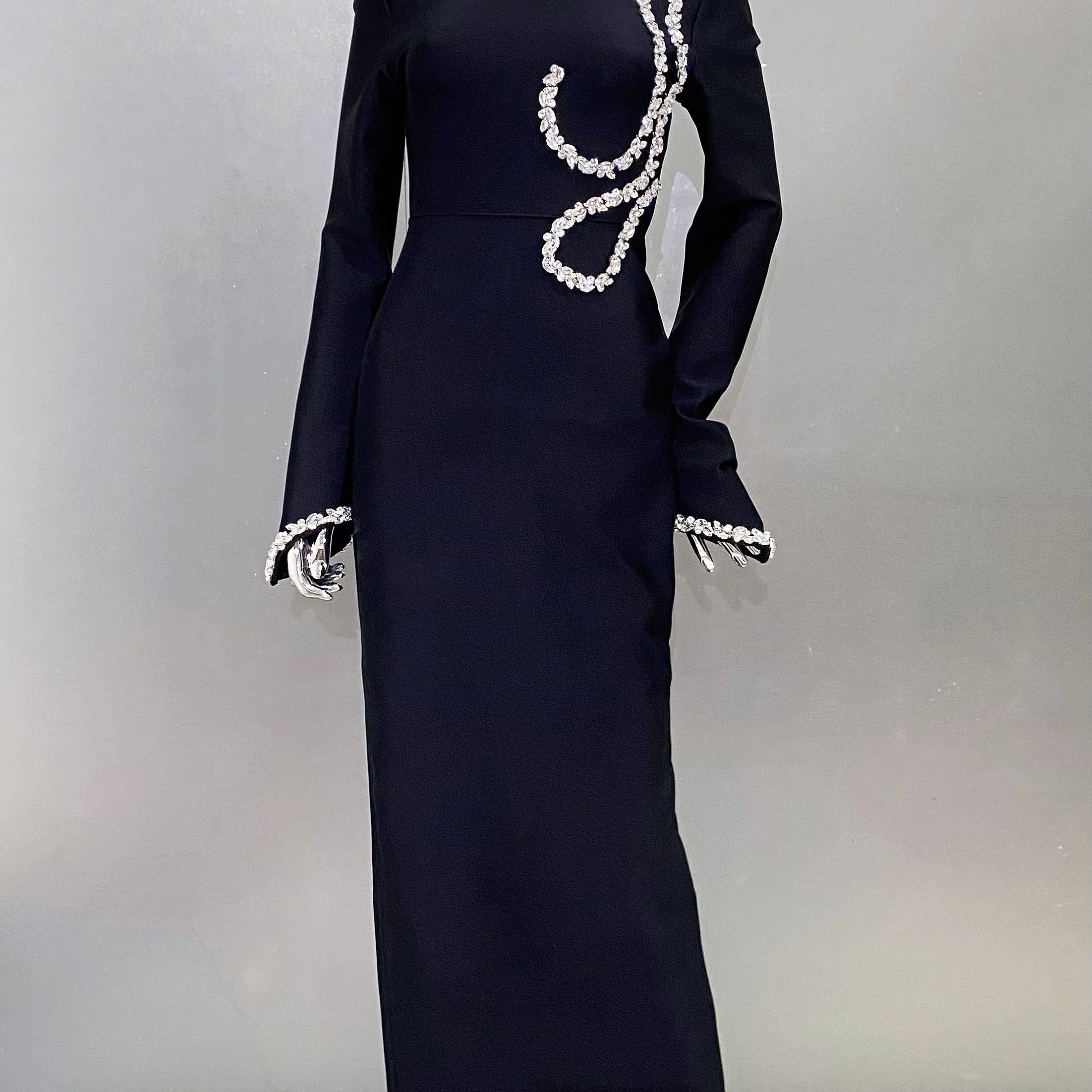 High Quality Shining Diamonds Half High Collar Black Long Bandage Dress Elegant Woman Evening Party Dress Cocktail Party Outfit