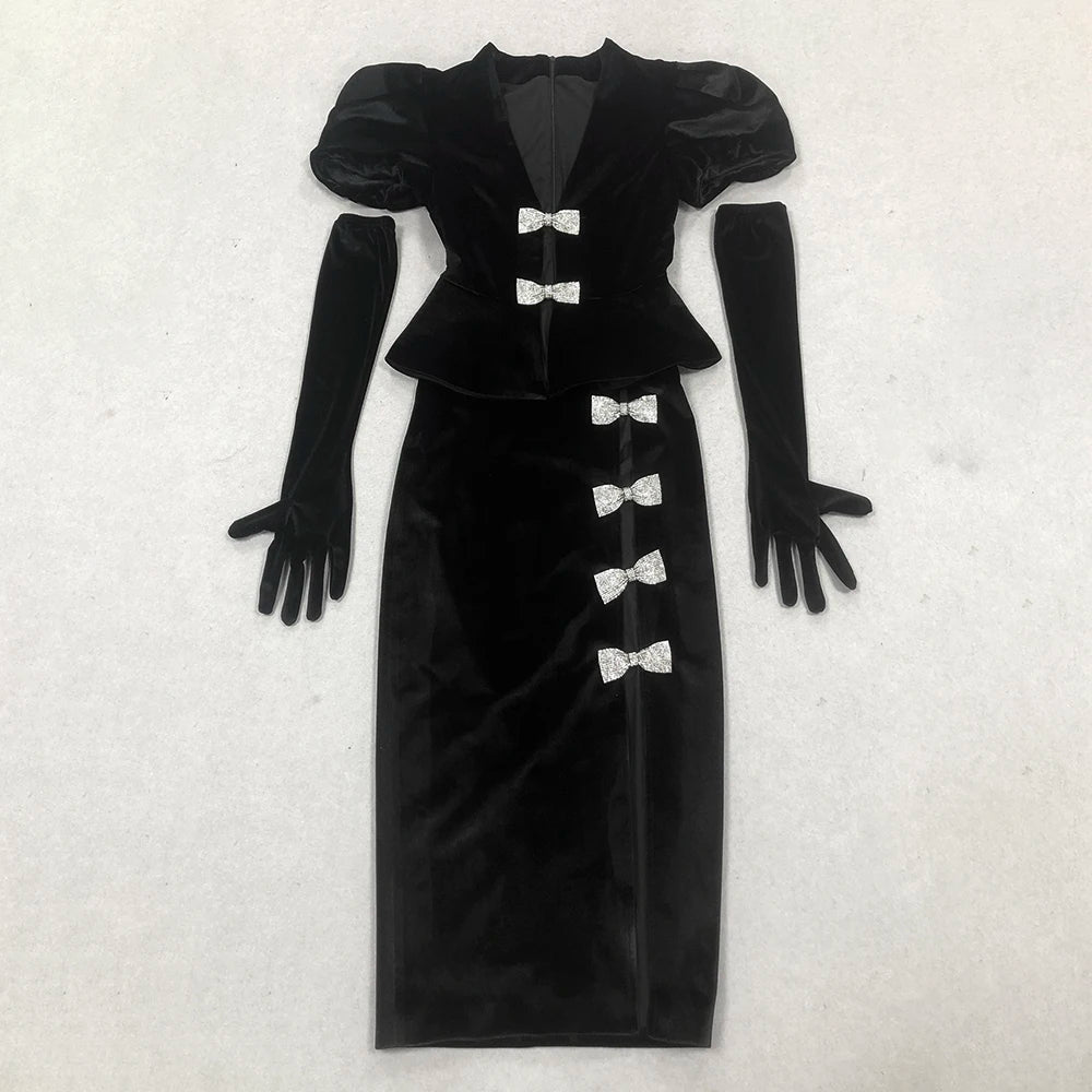 2025 New Fashion Gloves Black Velvet Woman Set Shining Diamond Bows V-Neck Jacket Sexy Hollow out package Hips Skirt Set 2 Piece
