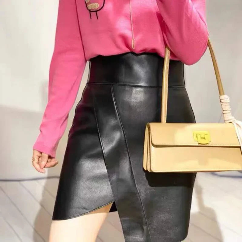 Tcyeek Real Leather Sheepskin Black Skirt Women Elegant New Leather Skirt Women's High Waist Mini Skirt Women Falda Sexy Mujer