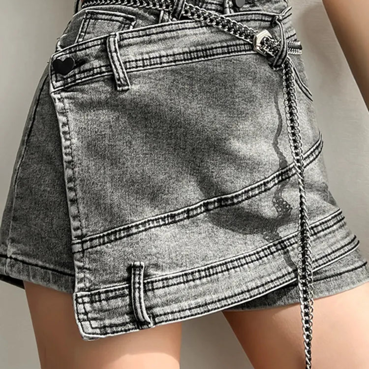 Fashion Women's Denim Skirt New High Waist Irregular Chain Spliced Gray Above Knee Skirts Female Tide Summer