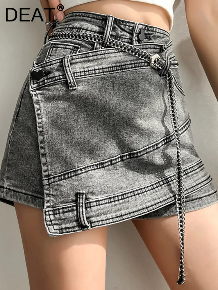 Fashion Women's Denim Skirt New High Waist Irregular Chain Spliced Gray Above Knee Skirts Female Tide Summer