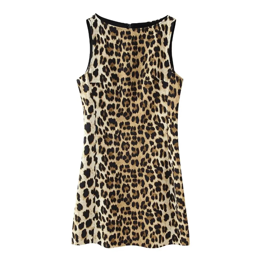 TRAFZA Summer Chic Leopard Print Sexy Women's Mini Dress Retro Round Neck Sleeveless Zipper Decoration Women's Party Dress Y2K Leopard