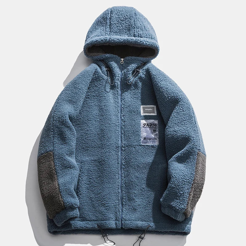 Men Winter Fleece Jacket Lamb Wool Hooded Coat Mens Thick Warm Coat Loose Japanese Streetwear Casual Harajuku Zippered Jacket blue