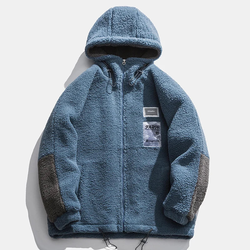 Men Winter Fleece Jacket Lamb Wool Hooded Coat Mens Thick Warm Coat Loose Japanese Streetwear Casual Harajuku Zippered Jacket blue