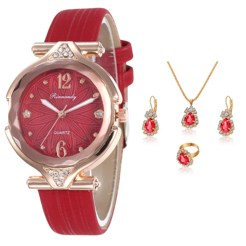 5pcs Set Fashion Women Watches Luxury Fine Ladies Wristwatch Necklace Female Ring Earring Gift Leather Quartz Watch reloj mujer 5pcs set red