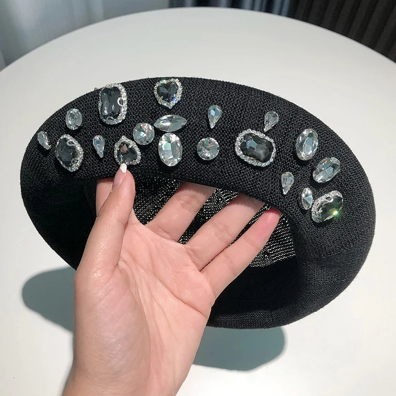 Berets Women Hat Brimless Stretchy Comfortable Rhinestone Y2K Cap Autumn Female Flat Color Cotton c 56-58cm