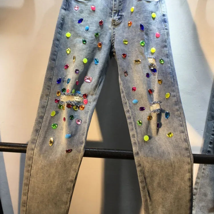 Kvinders jeans diamant Studded perler brudt hul kvast høj talje løs denim lang bukser efterårsmode