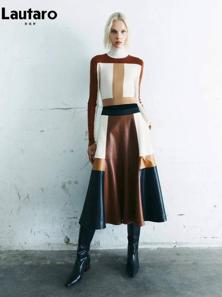 Spring Autumn Long Color Block Patchwork Soft Pu Leather Mini Skirt Women High Waist 2024 Luxury A Line Clothes Fashion Color Block