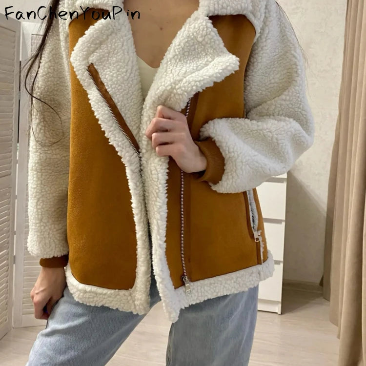 Spring Women's Coat Fashion Imitation Lamb Wool Long Sleeved Loose Top Temperament Vintage Casual Patchwork Soft Jacket