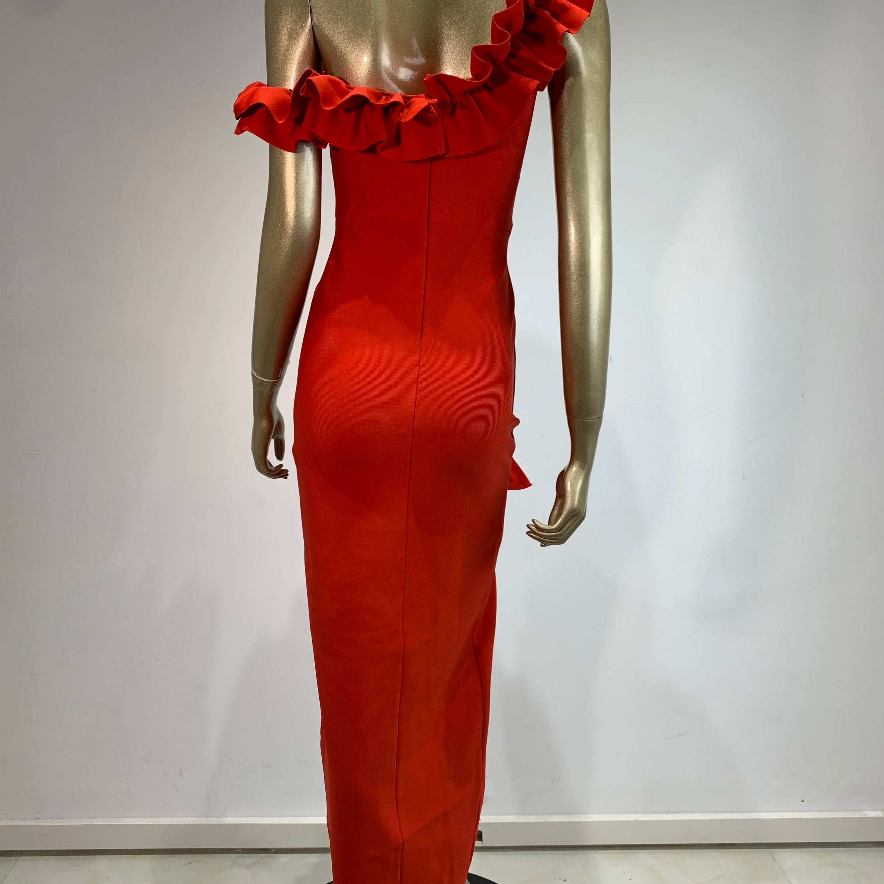 Women Celebrity Sexy Off Shoulder Ruffles Black Red Split Midi  Bodycon Bandage Dress 2024 Elegant Evening Club Party Outfit