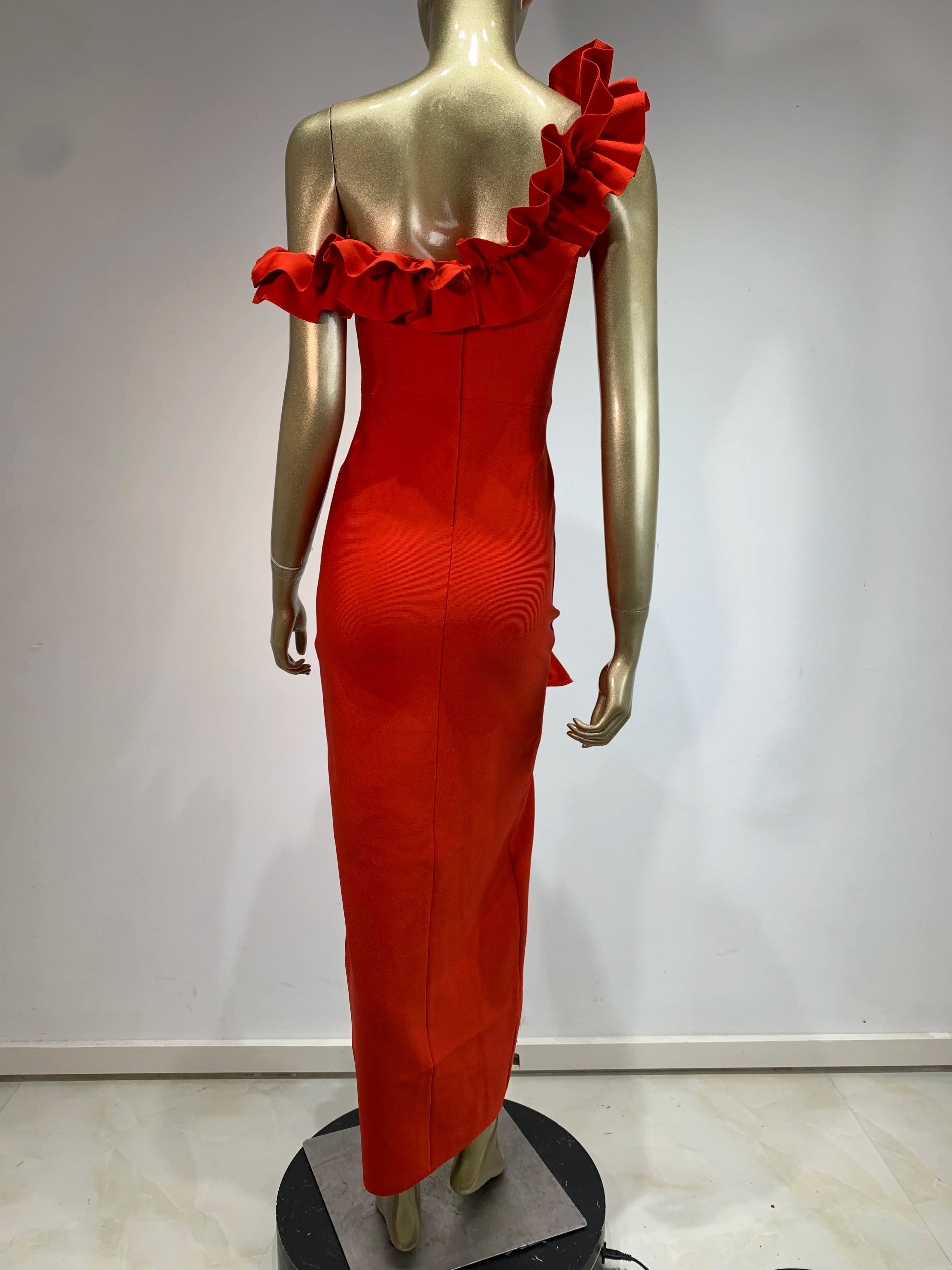 Women Celebrity Sexy Off Shoulder Ruffles Black Red Split Midi  Bodycon Bandage Dress 2024 Elegant Evening Club Party Outfit