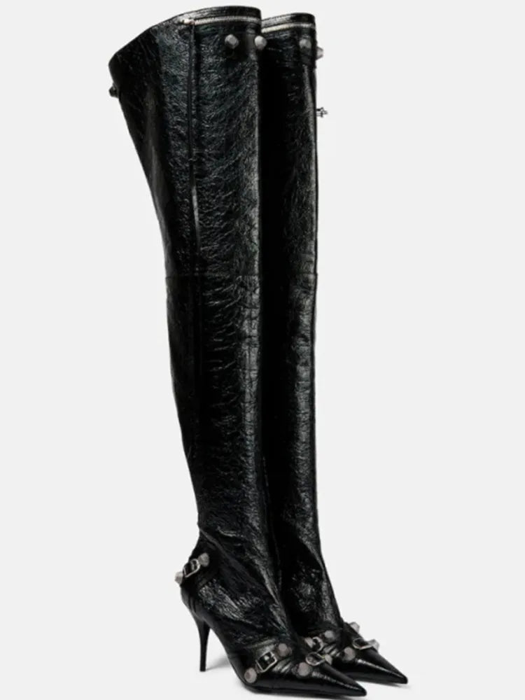 Paris Station Fashion Women's Boots Denim Pointed High Heel Boots Sexy Rivet Boots Show Party Over Knee 46 Large Boots Black long style