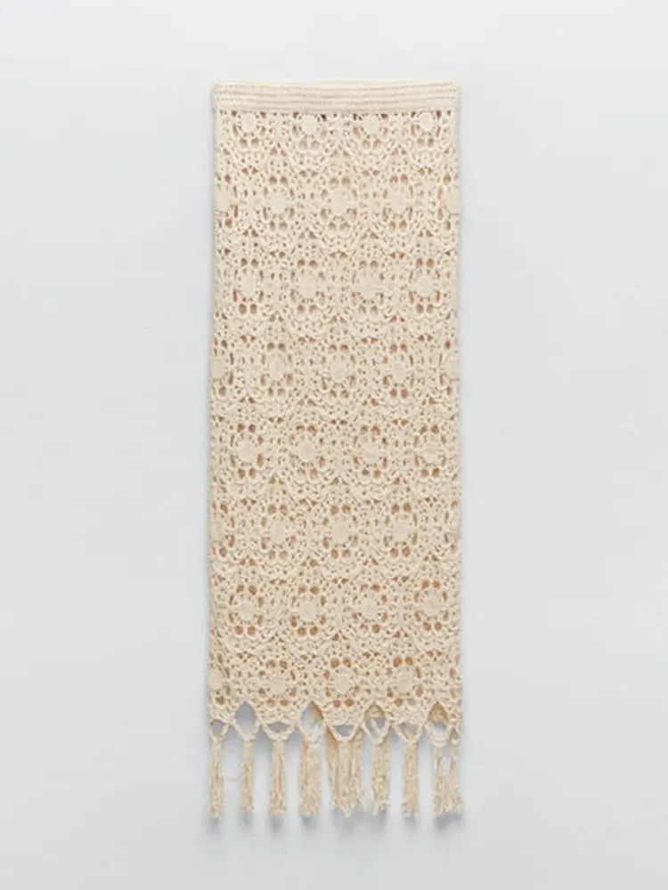 Jacquard Hollow Crochet Knit Tassel Skirts Sets Long Sleeved Woven Cropped Top Long Skirts Suits Women's Vacation Outfits Skirt