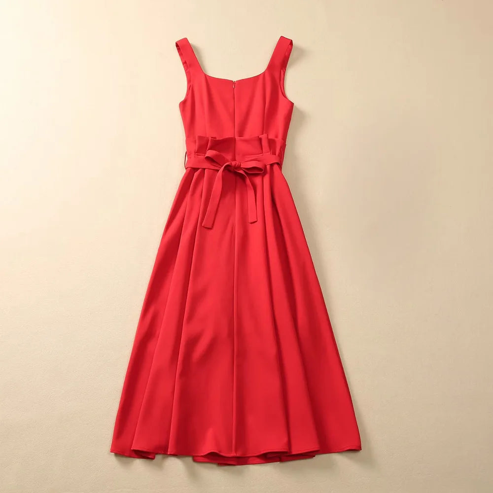 ZJYT Runway Fashion Summer Sleeveless Dress Red Party Cocktail Midi Dresses for Women 2024 Fashion Square Collar Tank Vestidos red XL
