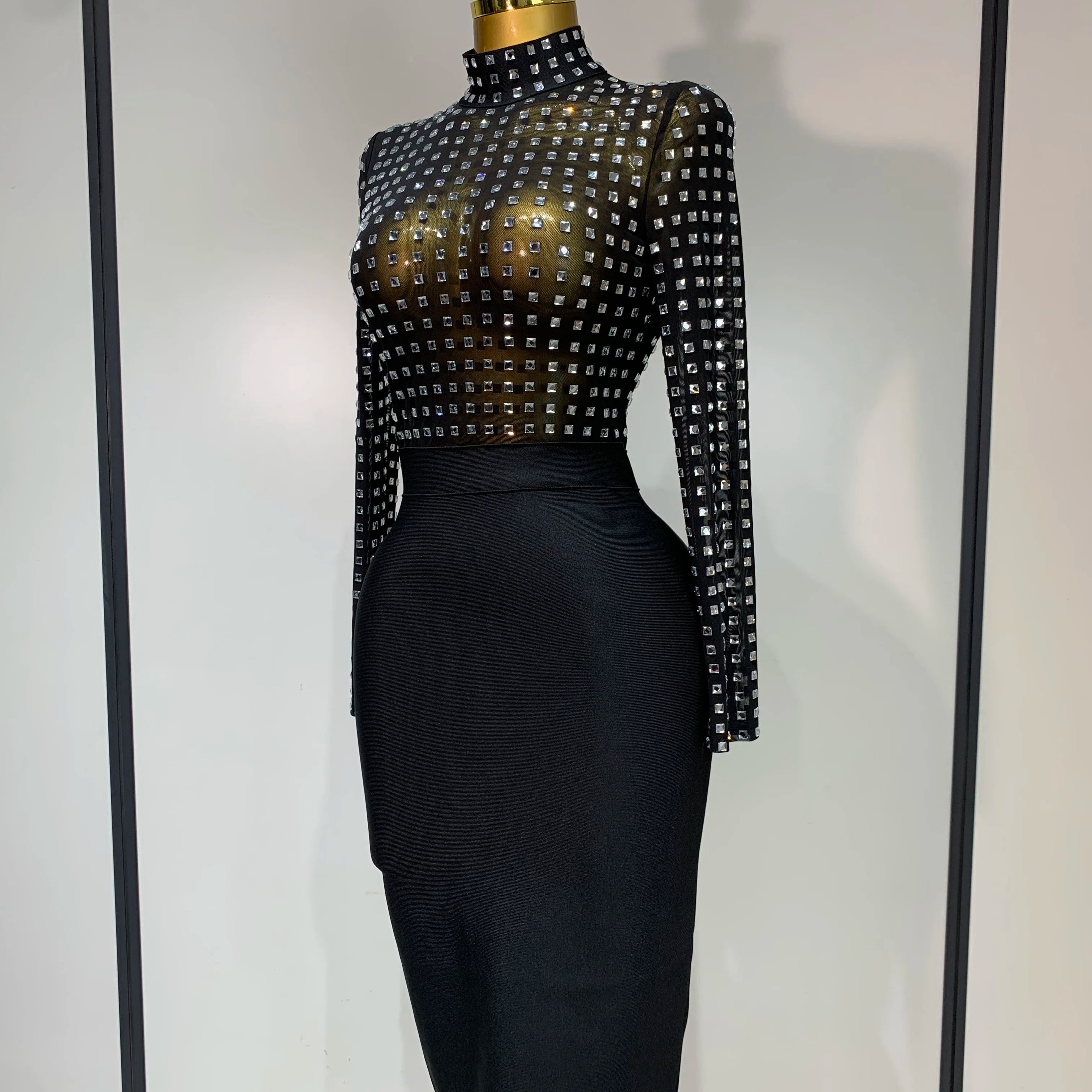 Vestido bandage bodycon de malha preta, gola alta sexy, strass, celebridade, feminino, 2025, elegante, clube noturno, vestido de aniversário de luxo