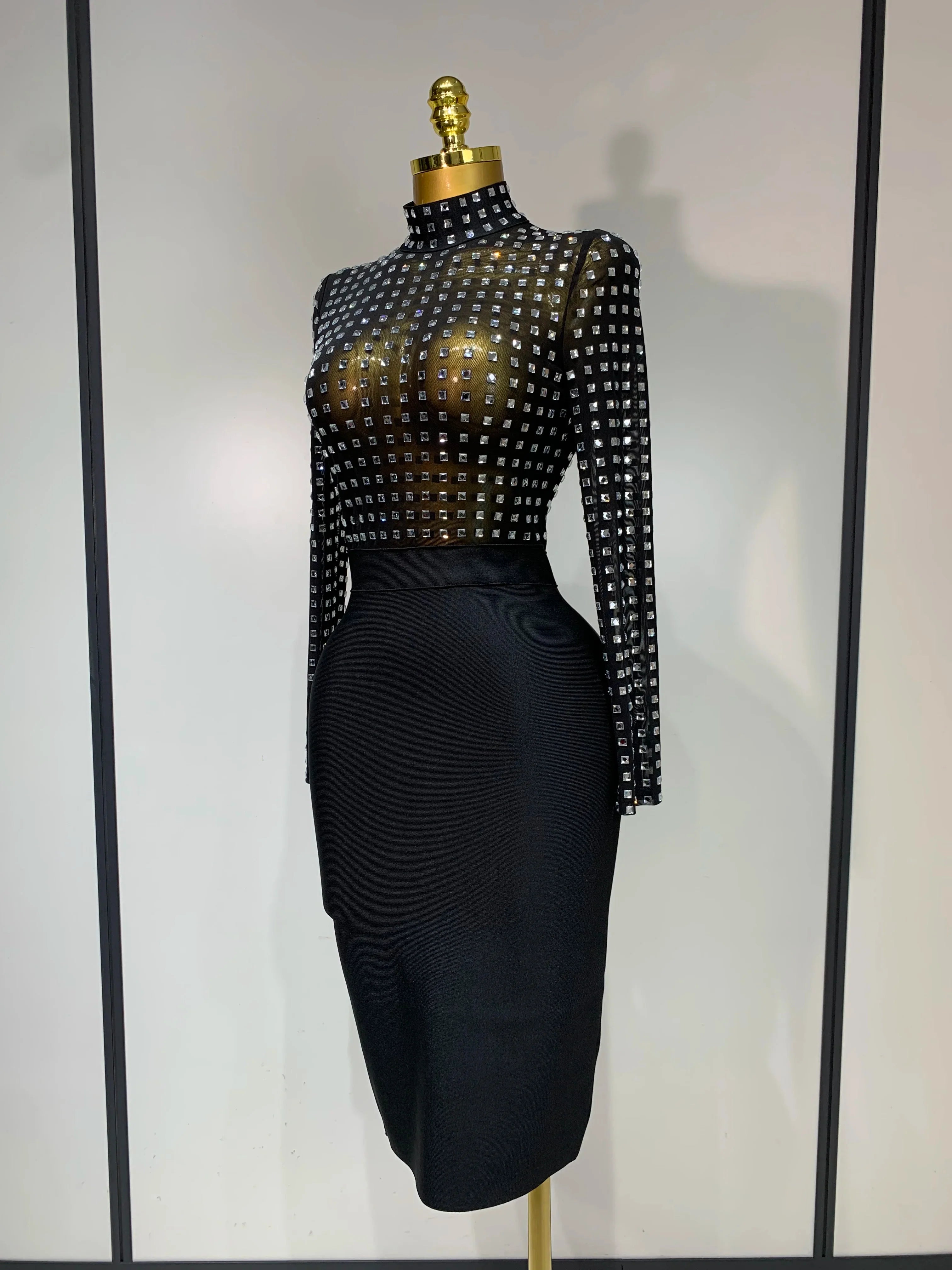 Celebrity Sexy Turtleneck Rhinestones Black Mesh Bodycon Bandage Dress Women  Elegant Evening Club Luxury Birthday Dress