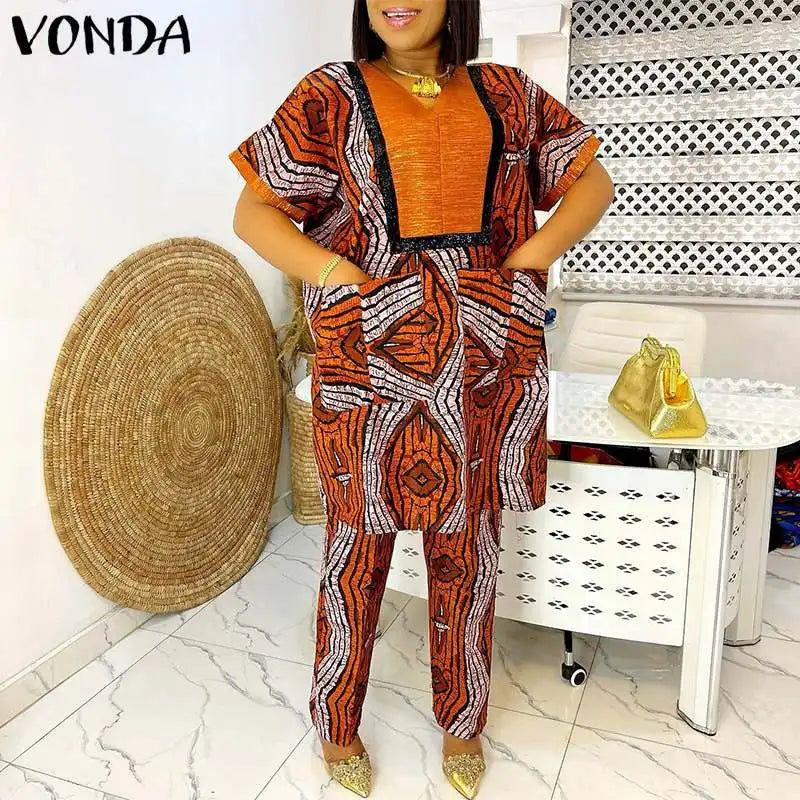 Plus Size 5XL Women Sets Summer Printing Loungewear Pants Sets VONDA 2024 Vintage Short Sleeve Tops Loose Pants Suits Two Piece
