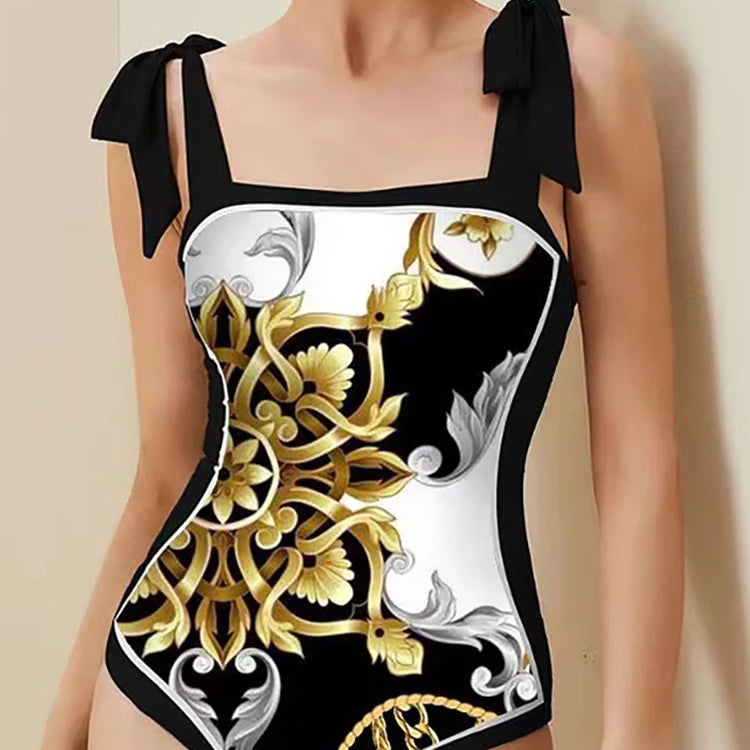 2024 New Fashion Double Sided Printed Lace Up One Piece Swimsuit Women 2023 Sexy High Waisted Lace Up Bikini Swimsuit Cover Up