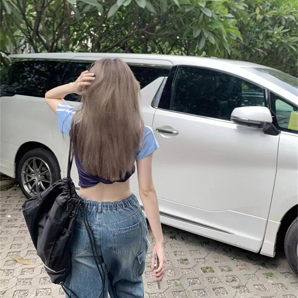 Retro loose drawstring elastic waist thin multi-pocket overalls straight wide leg jeans women's new summer tide