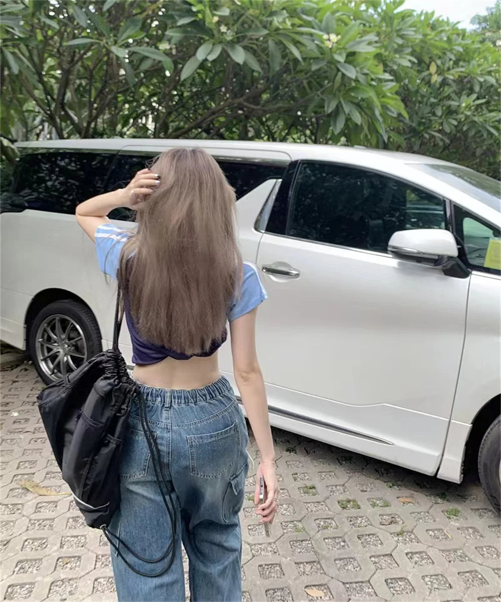 Retro loose drawstring elastic waist thin multi-pocket overalls straight wide leg jeans women's new summer tide