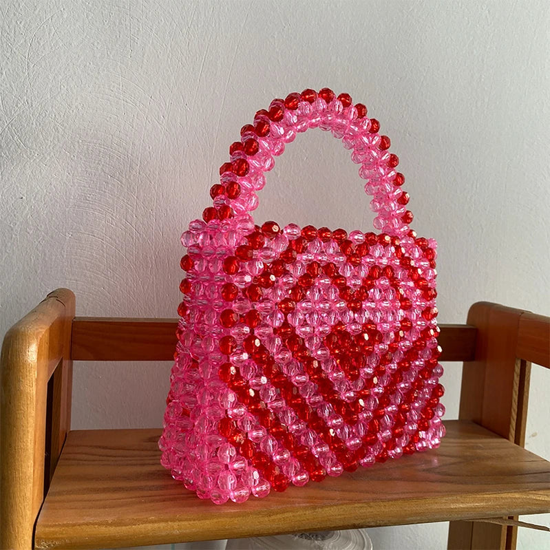 Beading Handmade Fashion Exquisite Shopping Totes Bags Female Pink Love Handbag for Women Party Dinner Valentine's Day