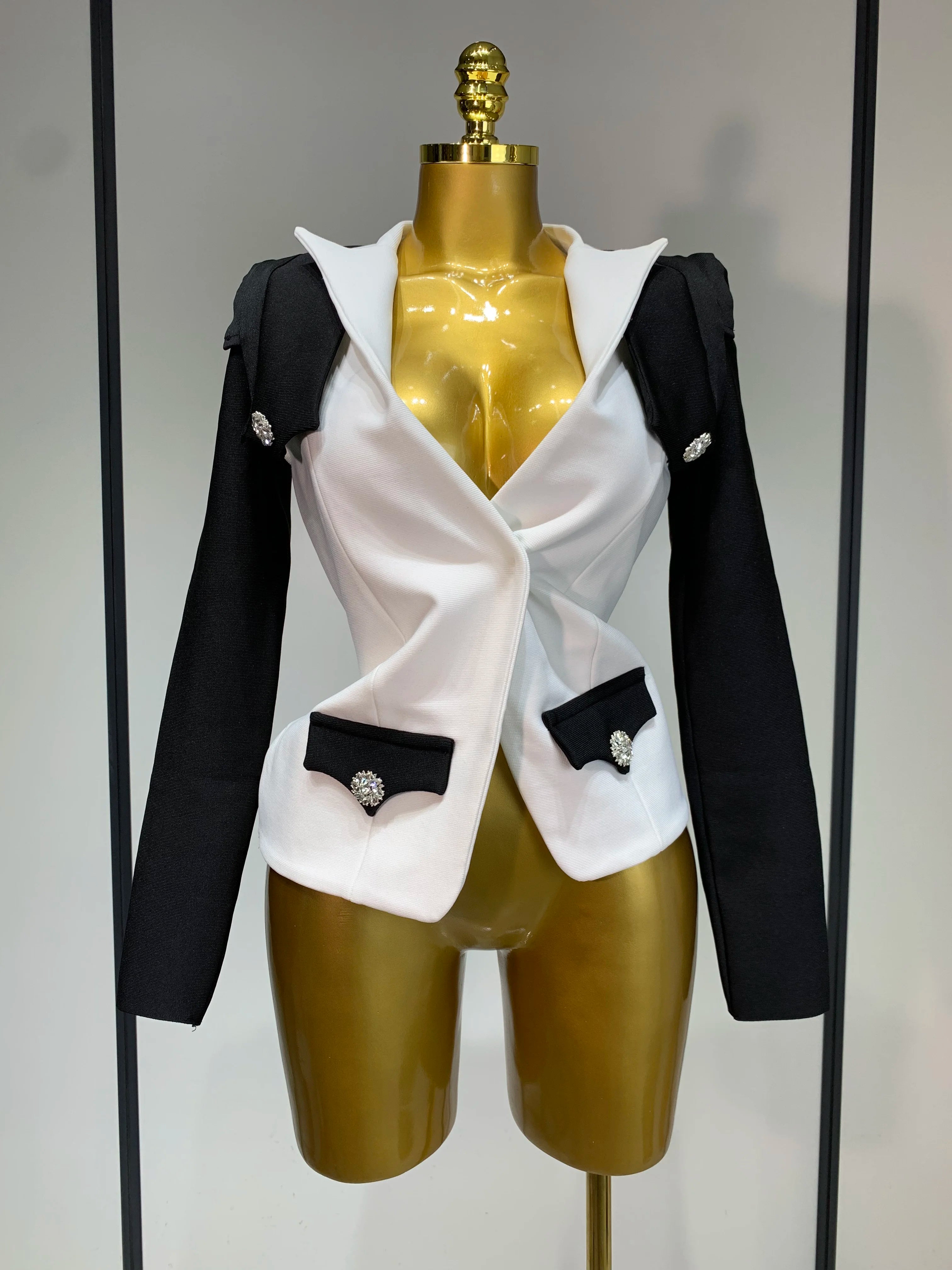 2025 New Designer Fashion Black White Bandage Jacket Two Piece Set Women Slim Fit Diamond Button Suit Jackets Coat