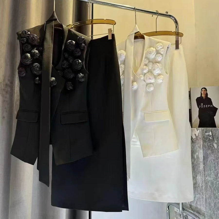 TWOTWINSTYLE Solid Spliced Applique Two Piece Sets for Women V Neck Sleeveless Patchwork Lace Up Top High Waist Skirt Set Female