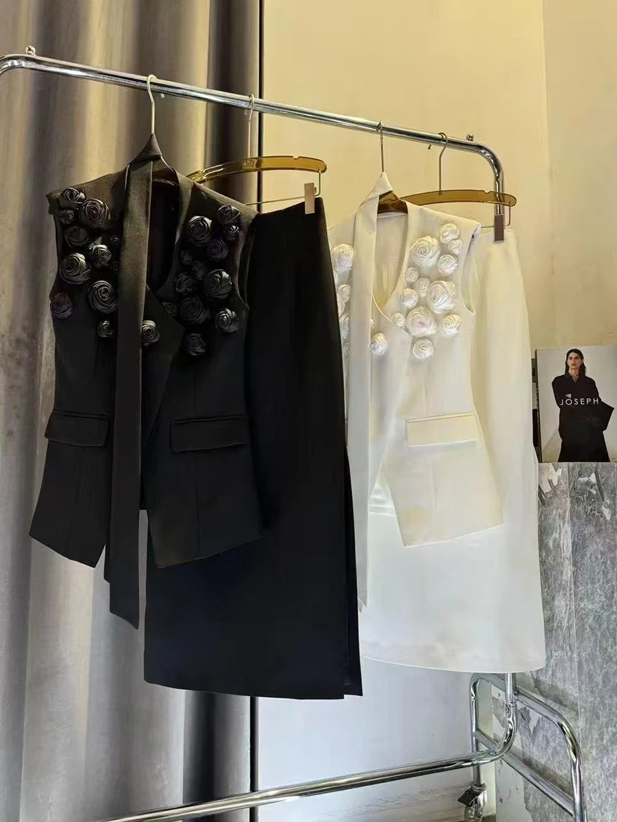 TWOTWINSTYLE Solid Spliced Applique Two Piece Sets for Women V Neck Sleeveless Patchwork Lace Up Top High Waist Skirt Set Female