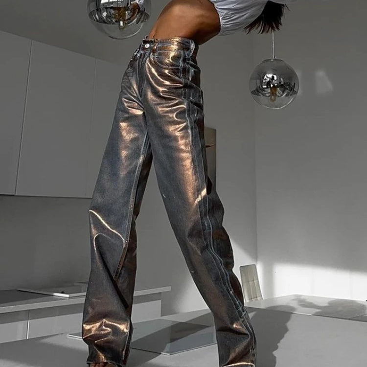 Colorblock Patchwork Pocket Jeans For Women High Waist Spliced Button Streetwear Straight Pants Female Fashion New