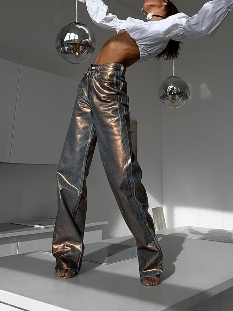 Colorblock Patchwork Pocket Jeans For Women High Waist Spliced Button Streetwear Straight Pants Female Fashion New