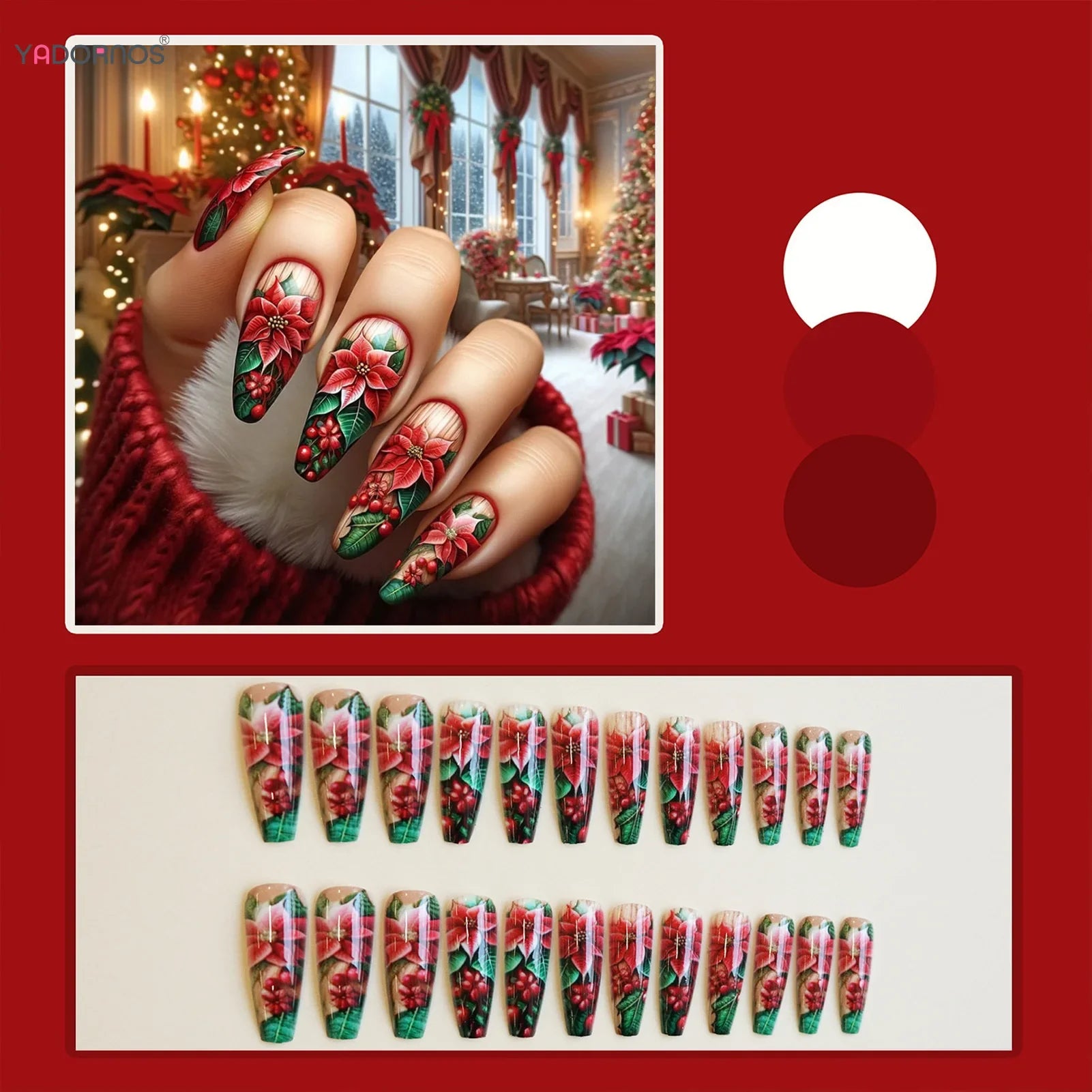 24Pcs Long Coffin Fake Nails Women Chriarmas Party Charm Manicure Full Cover Press On Nails Red Flower Printed Nails Supplies