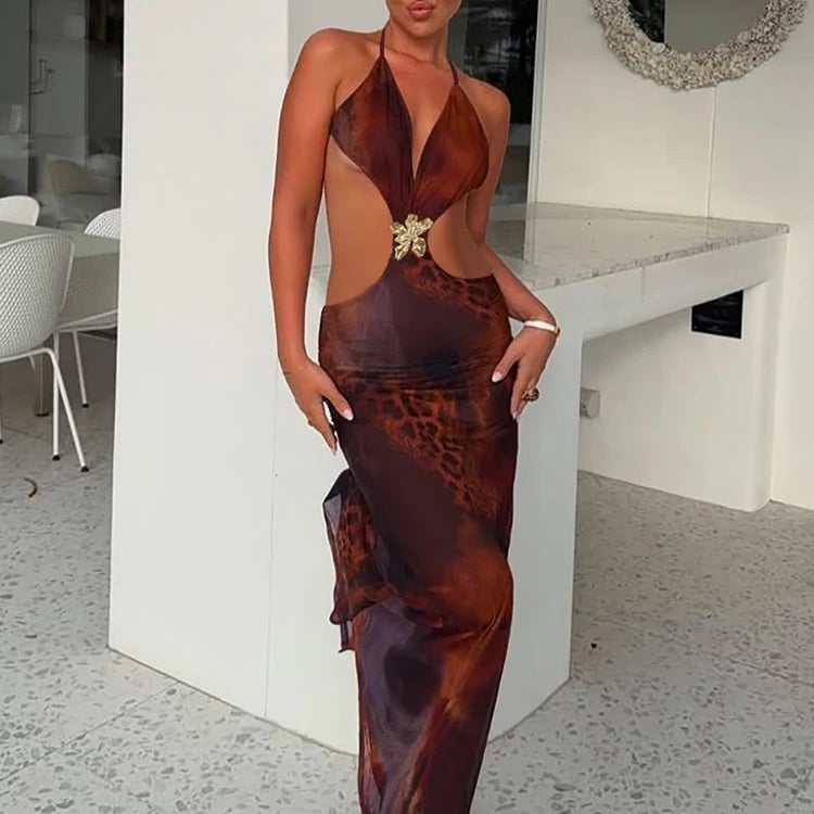 Halter Deep V Neck Print Sexy Maxi Dress For Women Gown Summer Hollow Out Sleeveless Backless Beach Long Dress