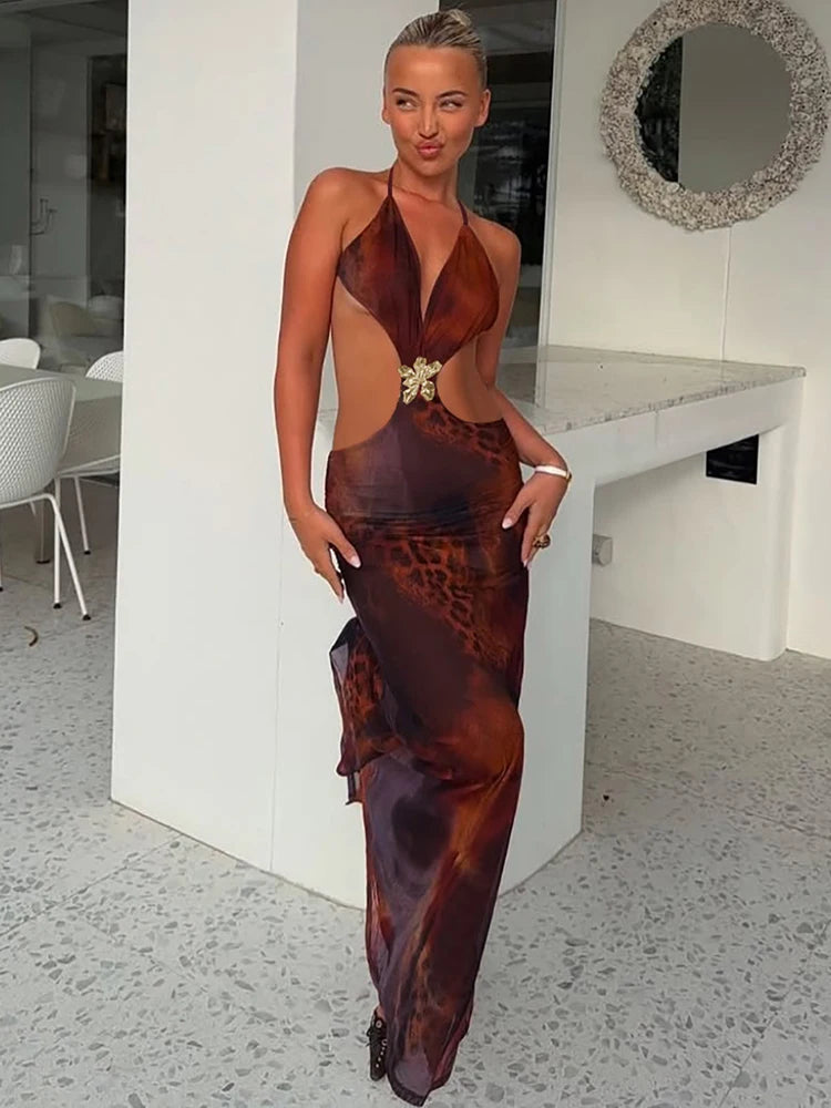 Halter Deep V Neck Print Sexy Maxi Dress For Women Gown Summer Hollow Out Sleeveless Backless Beach Long Dress